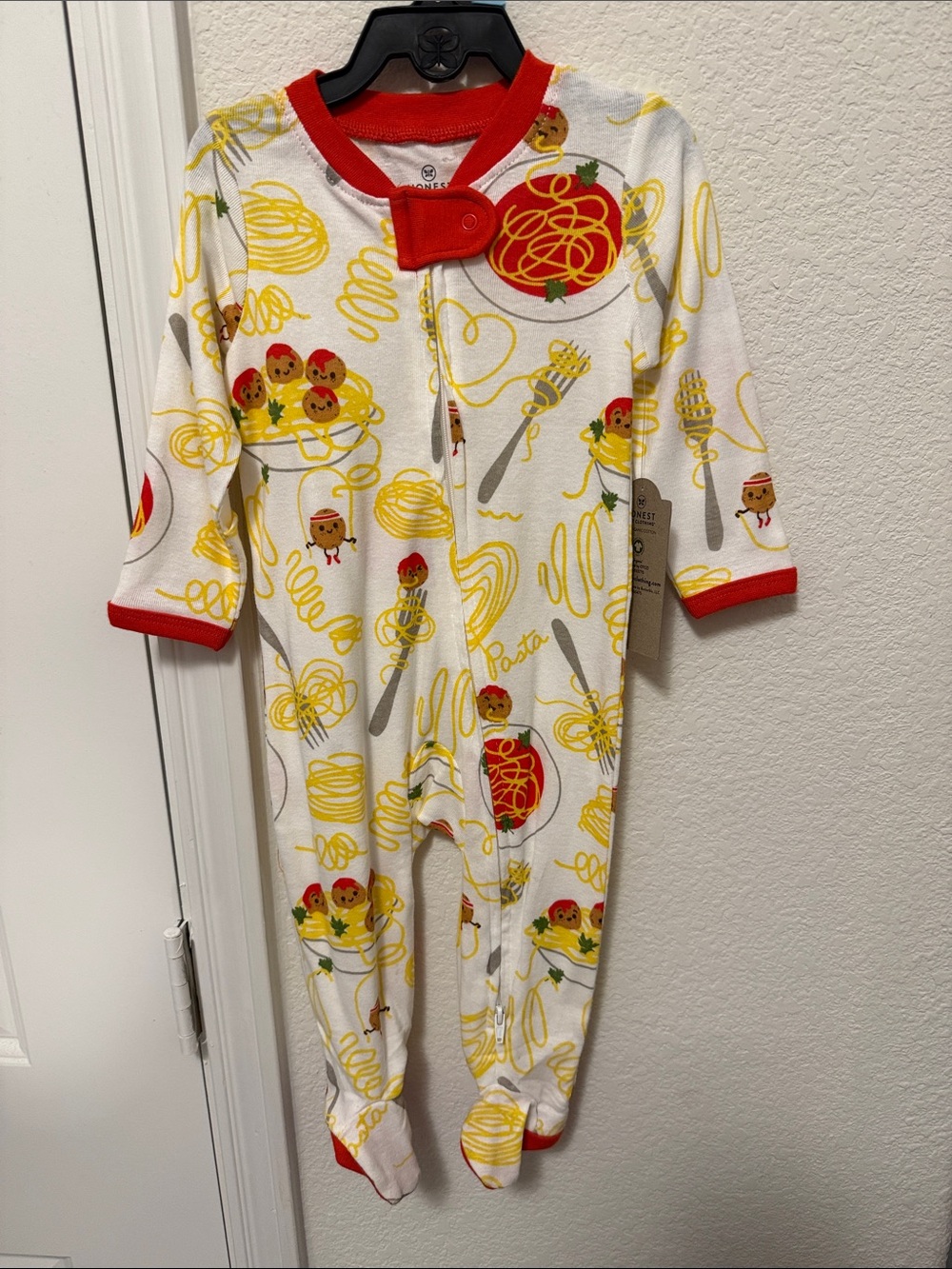 The Honest Company White Footed One-Piece with Red Trim & Yellow Pasta Print 3/6